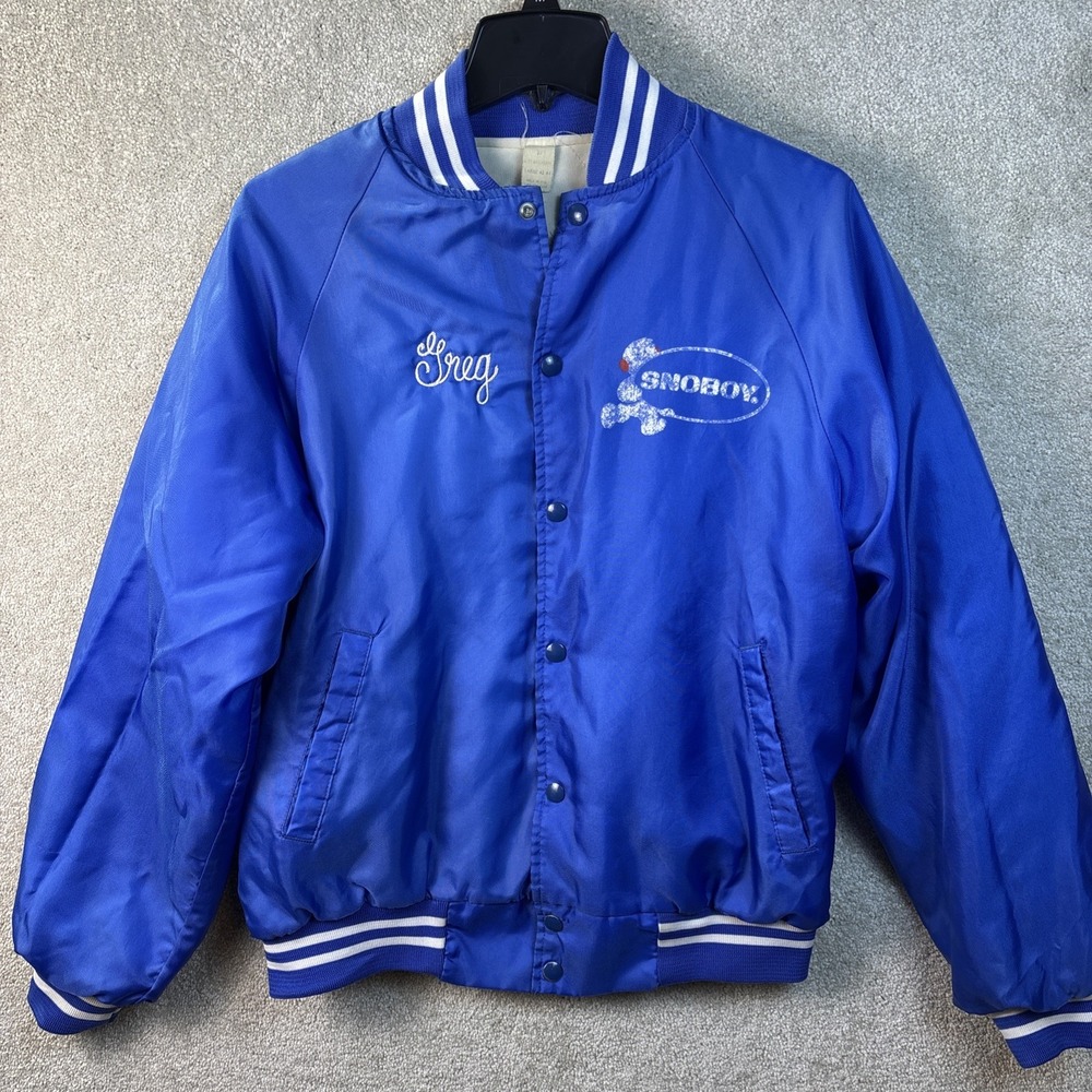 Vintage Snoboy Bomber Jacket Mens Large Blue Satin Varsity Greg Embroidered USA
